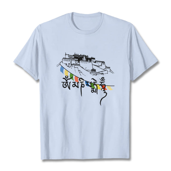 Camiseta de algodón con banderas de oración Om Mani Padme Hum y Buddha Stones en el Palacio de Potala - Cian claro - 2XL - image 8