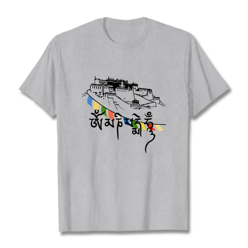 Camiseta de algodón con banderas de oración Om Mani Padme Hum y Buddha Stones en el Palacio de Potala - Gris claro - 2XL - image 0