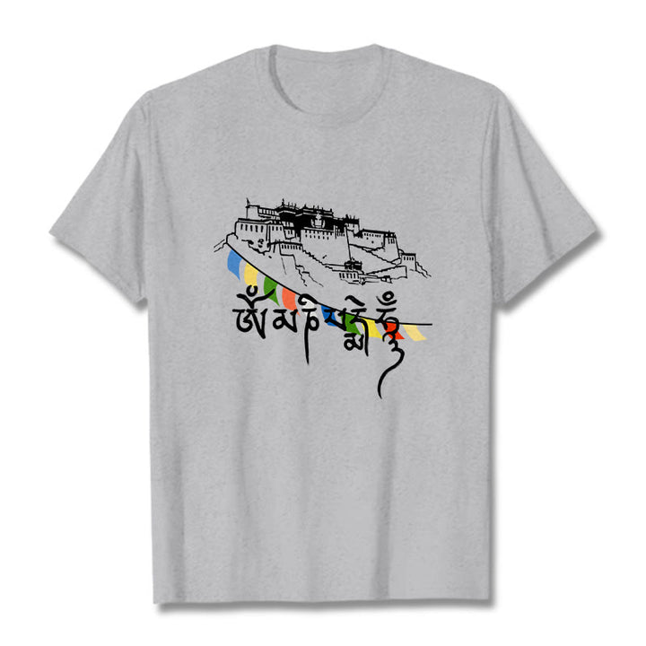 Camiseta de algodón con banderas de oración Om Mani Padme Hum y Buddha Stones en el Palacio de Potala - Gris claro - 2XL - image 0