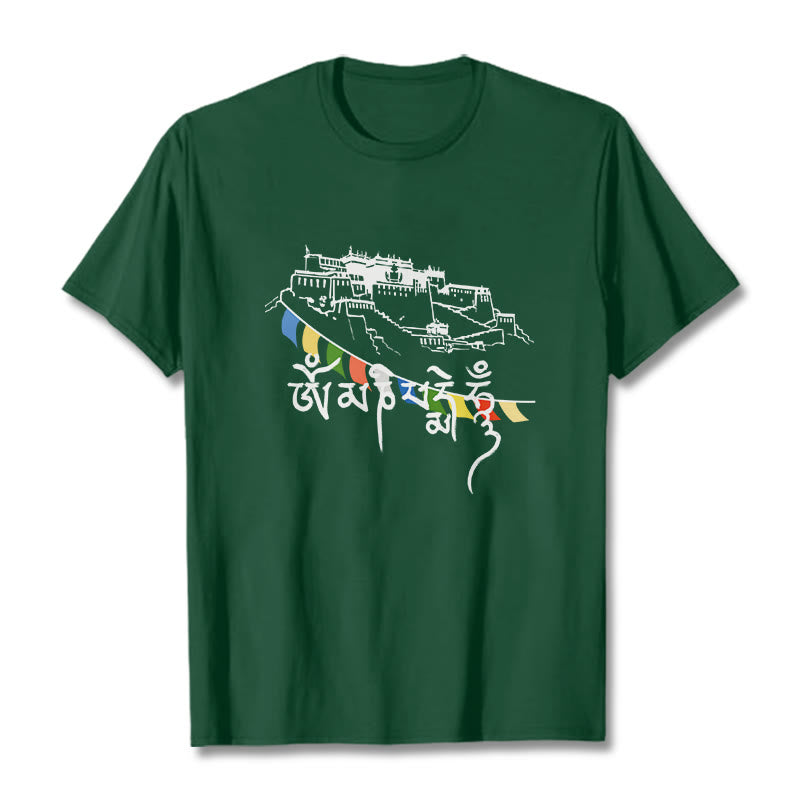 Camiseta de algodón con banderas de oración Om Mani Padme Hum y Buddha Stones en el Palacio de Potala - Verde bosque - 2XL - image 2