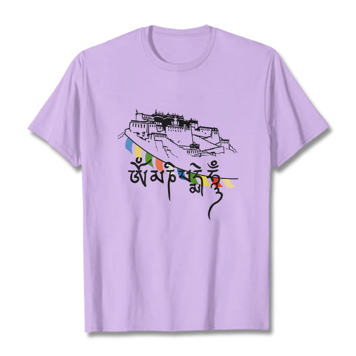 Camiseta de algodón con banderas de oración Om Mani Padme Hum y Buddha Stones en el Palacio de Potala - Ciruela - 2XL - image 16