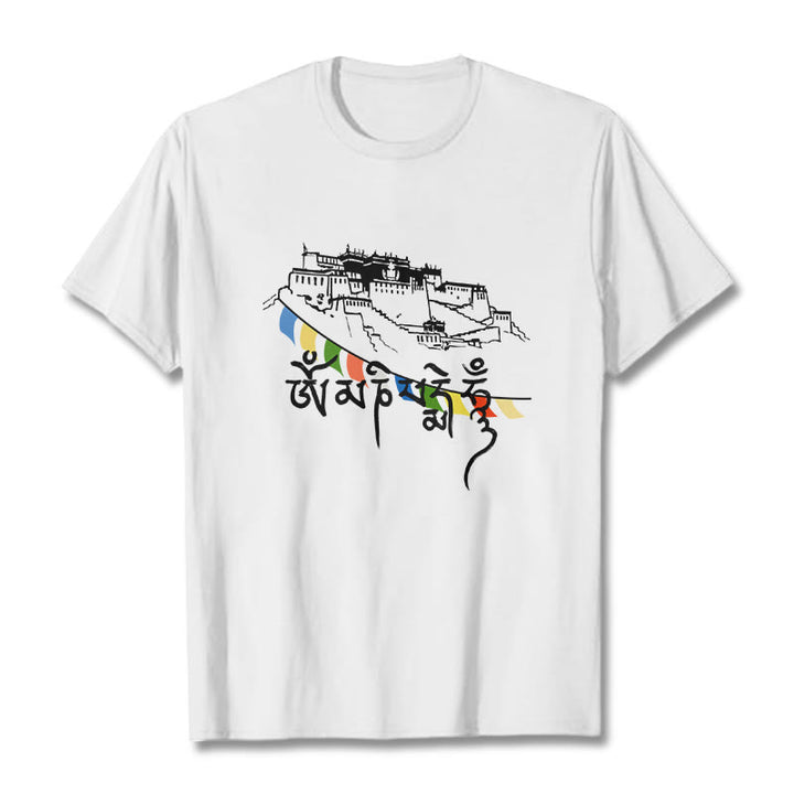 Camiseta de algodón con banderas de oración Om Mani Padme Hum y Buddha Stones en el Palacio de Potala - Blanco - 2XL - image 11
