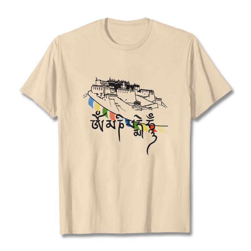 Camiseta de algodón con banderas de oración Om Mani Padme Hum y Buddha Stones en el Palacio de Potala - Sopa de mariscos - 2XL - image 9