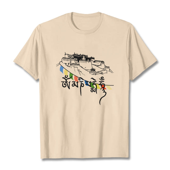 Camiseta de algodón con banderas de oración Om Mani Padme Hum y Buddha Stones en el Palacio de Potala - Sopa de mariscos - 2XL - image 9