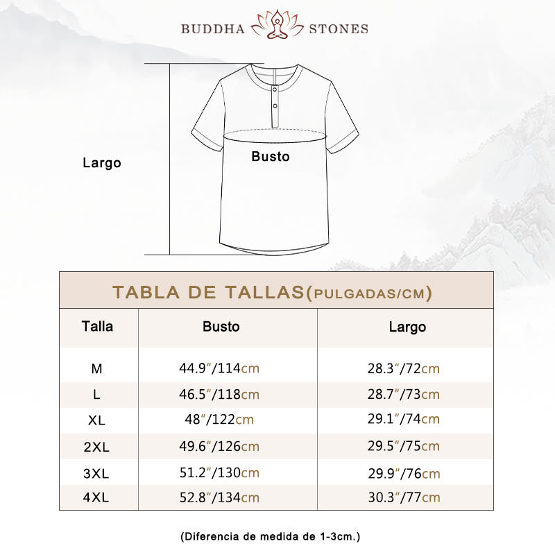 Buddha Stones Camisa de lino y algodón de manga corta con botones de color sólido de verano para hombre - image 3