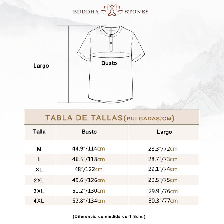 Buddha Stones Camisa de lino y algodón de manga corta con botones de color sólido de verano para hombre - image 3