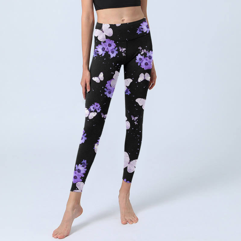 Leggings de yoga para mujer con estampado floral morado y mariposas de Buddha Stones - image 6