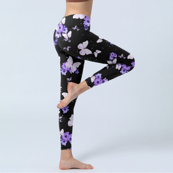Leggings de yoga para mujer con estampado floral morado y mariposas de Buddha Stones - image 5
