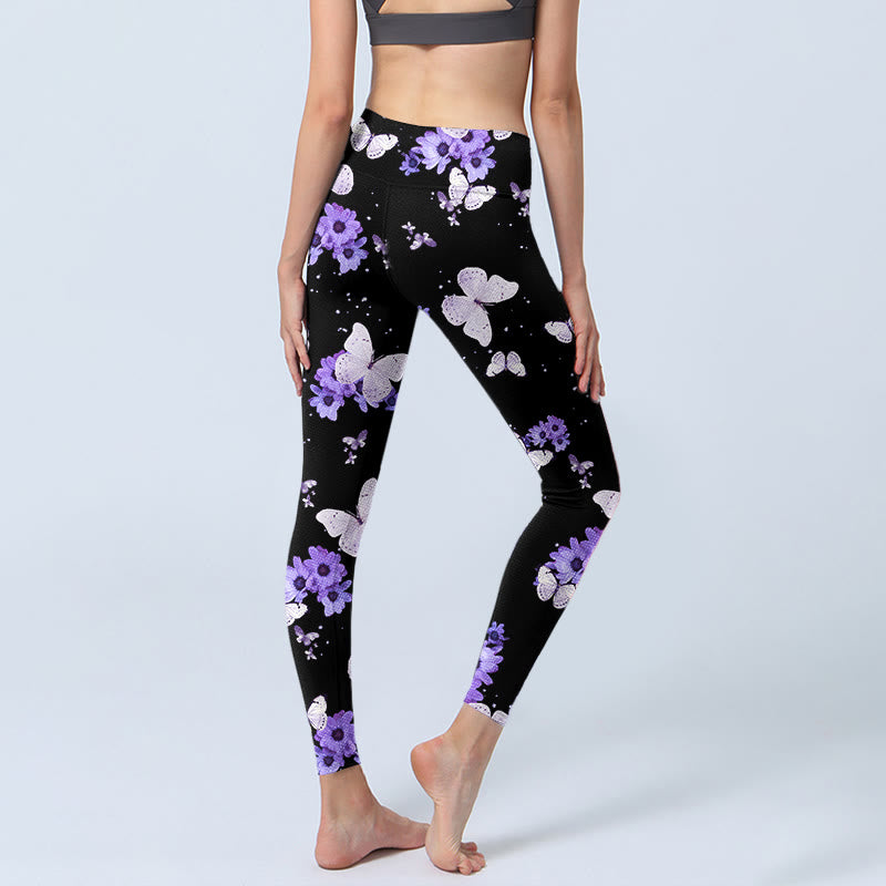 Leggings de yoga para mujer con estampado floral morado y mariposas de Buddha Stones - image 3