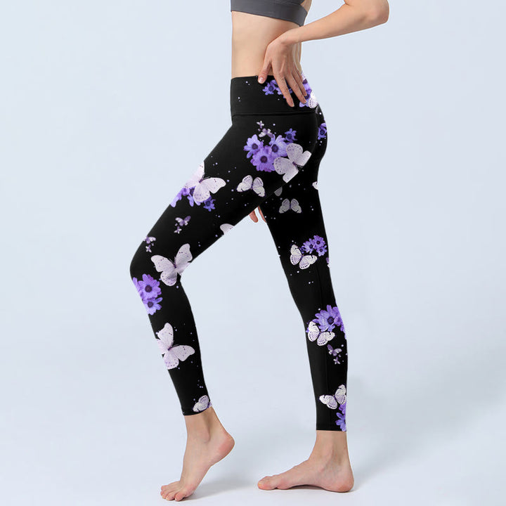 Leggings de yoga para mujer con estampado floral morado y mariposas de Buddha Stones - image 3