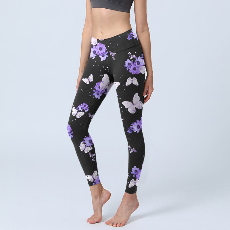 Leggings de yoga para mujer con estampado floral morado y mariposas de Buddha Stones - Negro - US18，UK/AU22，EU50 (4XL) - image 1