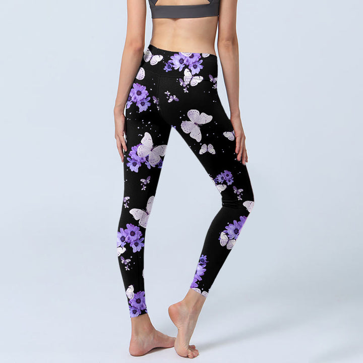 Leggings de yoga para mujer con estampado floral morado y mariposas de Buddha Stones - image 4