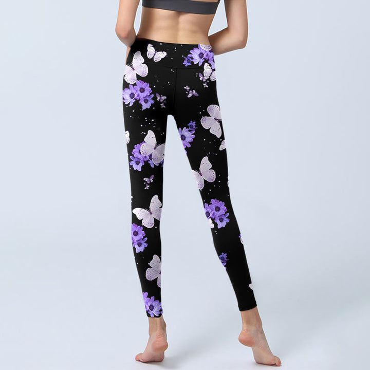 Leggings de yoga para mujer con estampado floral morado y mariposas de Buddha Stones - image 6