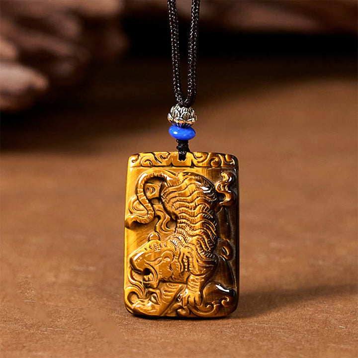 Collar con colgante de cuerda protectora con diseño cuadrado de tigre y ojo de tigre natural de Buddha Stones
