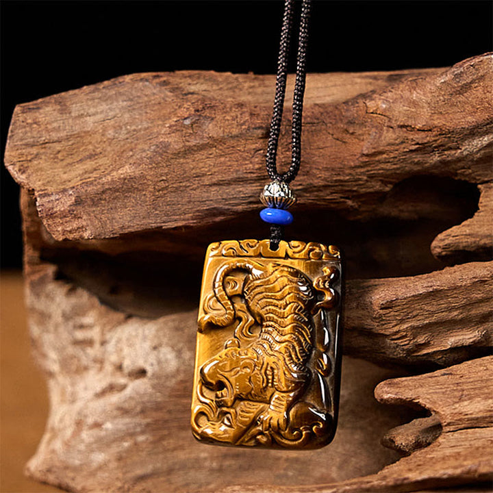 Collar con colgante de cuerda protectora con diseño cuadrado de tigre y ojo de tigre natural de Buddha Stones