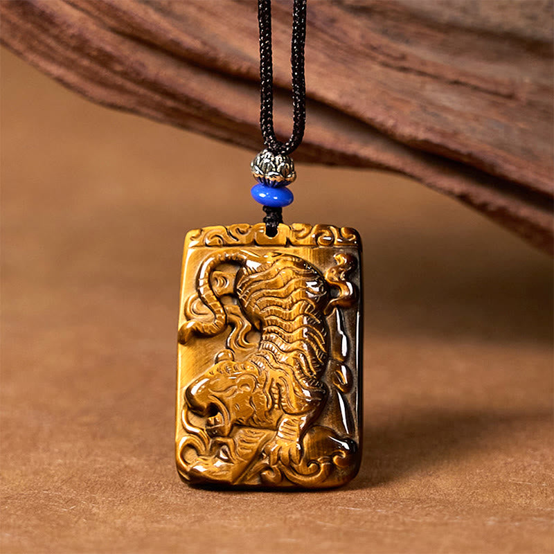 Collar con colgante de cuerda protectora con diseño cuadrado de tigre y ojo de tigre natural de Buddha Stones