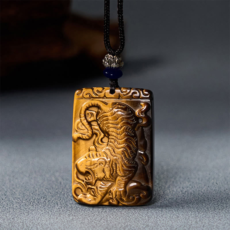 Collar con colgante de cuerda protectora con diseño cuadrado de tigre y ojo de tigre natural de Buddha Stones