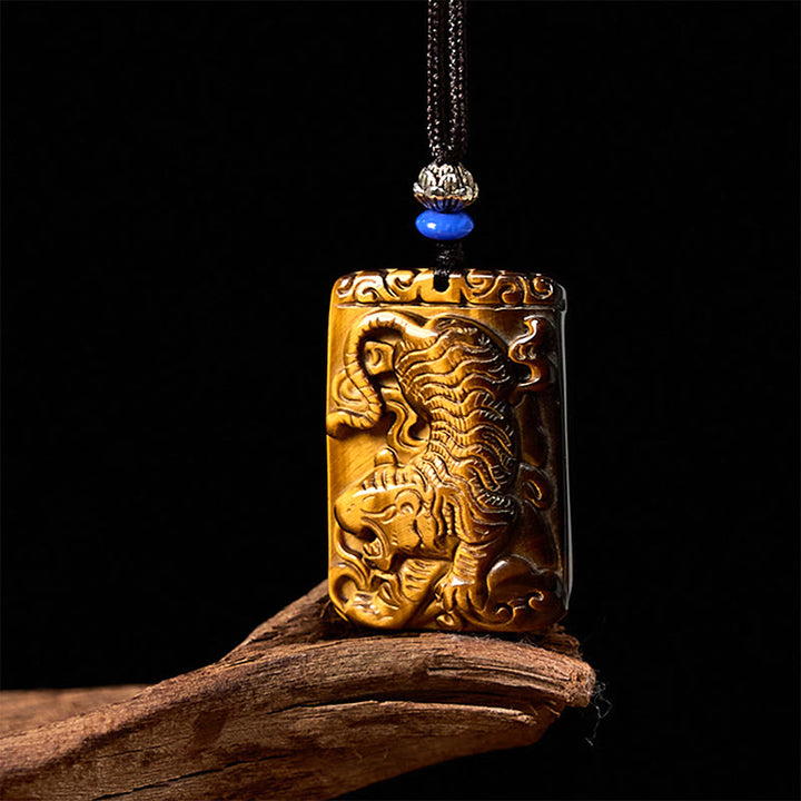 Collar con colgante de cuerda protectora con diseño cuadrado de tigre y ojo de tigre natural de Buddha Stones
