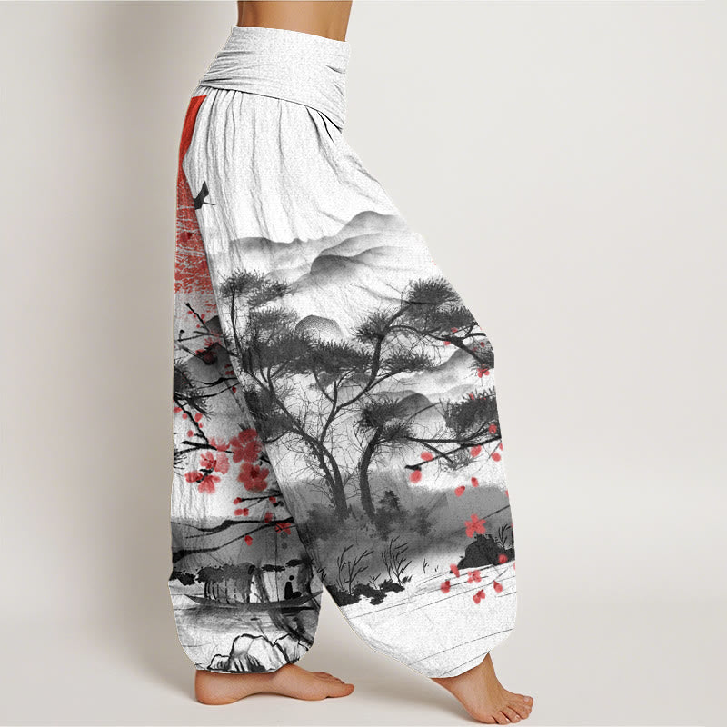 Pantalón tipo harem de cintura elástica para mujer, de Buddha Stones , estilo casual, con estampado de flores de ciruelo rojas, montañas y sol. - image 2