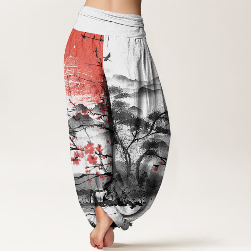 Pantalón tipo harem de cintura elástica para mujer, de Buddha Stones , estilo casual, con estampado de flores de ciruelo rojas, montañas y sol. - image 1
