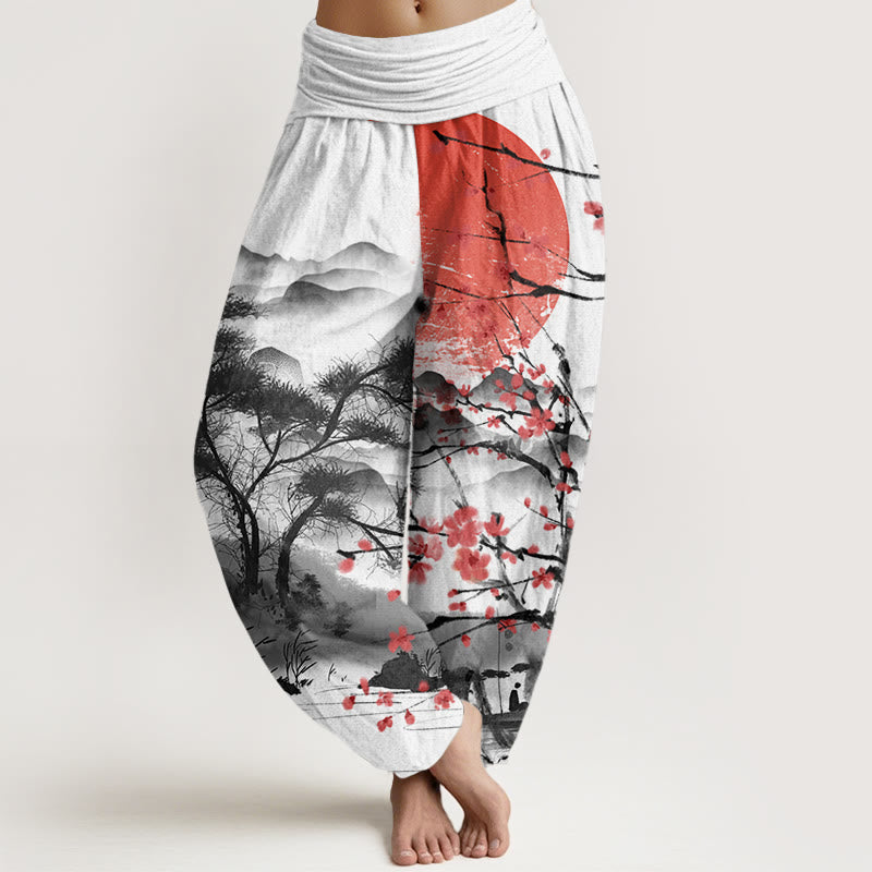 Pantalón tipo harem de cintura elástica para mujer, de Buddha Stones , estilo casual, con estampado de flores de ciruelo rojas, montañas y sol. - Blanco - US22，UK/AU26，EU54 (6XL) - image 0