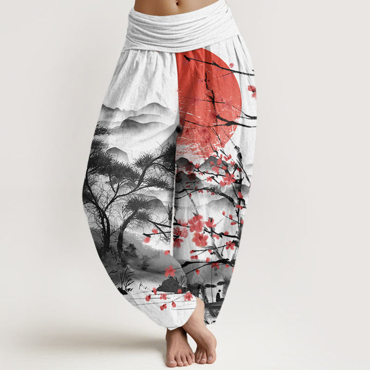 Pantalón tipo harem de cintura elástica para mujer, de Buddha Stones , estilo casual, con estampado de flores de ciruelo rojas, montañas y sol. - Blanco - US22，UK/AU26，EU54 (6XL) - image 0