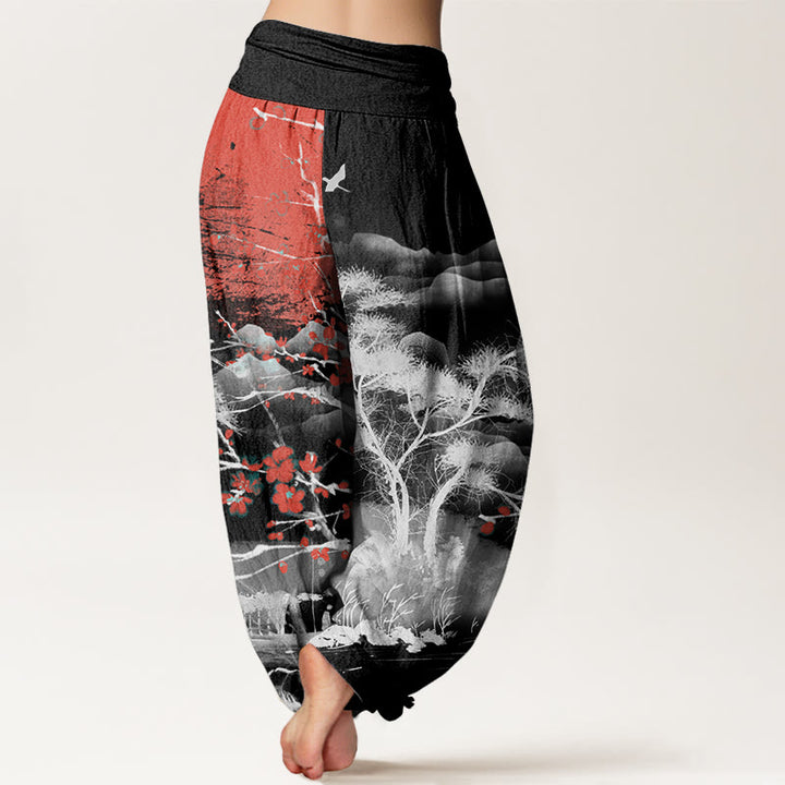 Pantalón tipo harem de cintura elástica para mujer, de Buddha Stones , estilo casual, con estampado de flores de ciruelo rojas, montañas y sol. - image 5