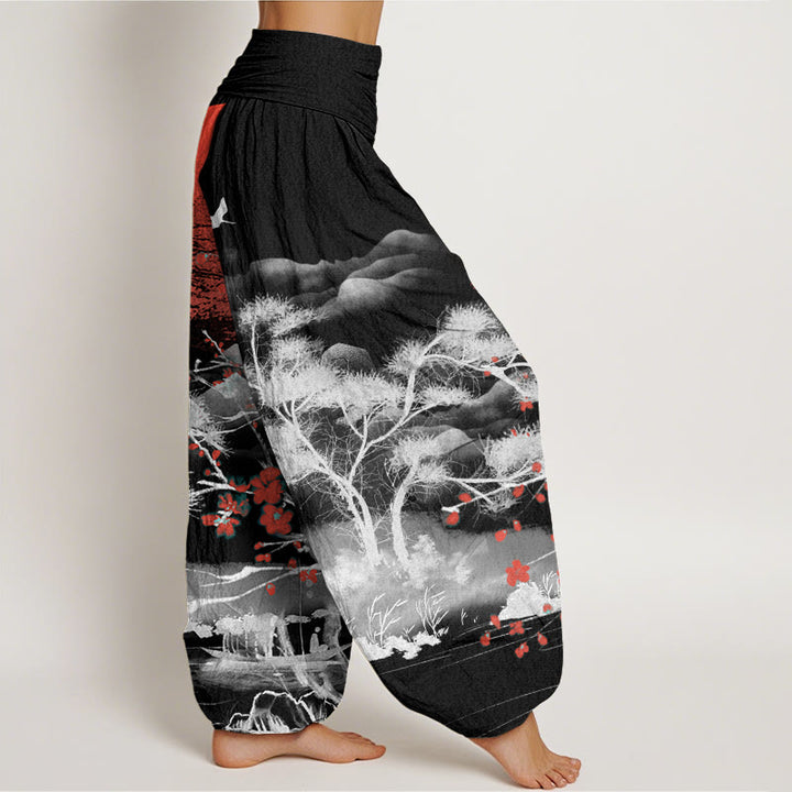 Pantalón tipo harem de cintura elástica para mujer, de Buddha Stones , estilo casual, con estampado de flores de ciruelo rojas, montañas y sol. - image 6