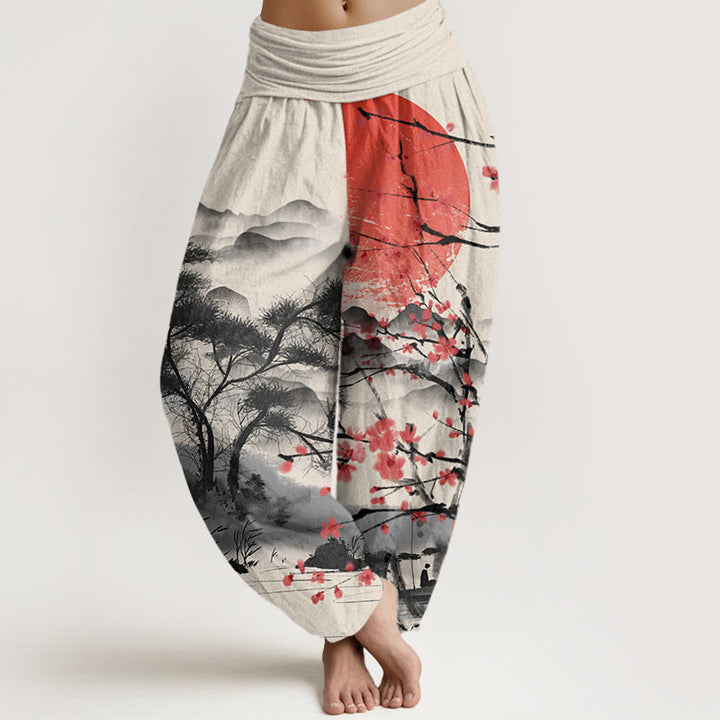 Pantalón tipo harem de cintura elástica para mujer, de Buddha Stones , estilo casual, con estampado de flores de ciruelo rojas, montañas y sol. - Beige - US22，UK/AU26，EU54 (6XL) - image 7