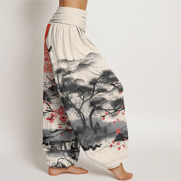 Pantalón tipo harem de cintura elástica para mujer, de Buddha Stones , estilo casual, con estampado de flores de ciruelo rojas, montañas y sol. - image 9