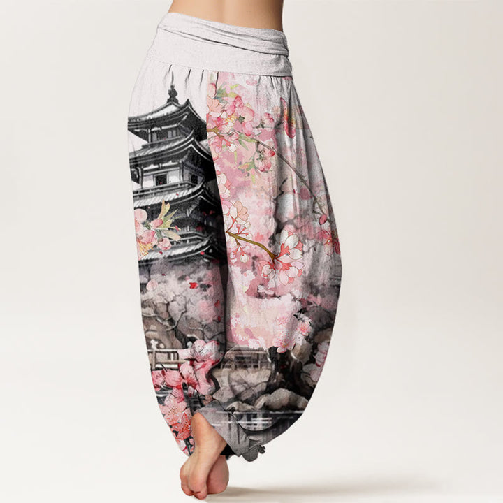 Pantalones bombachos de cintura elástica para mujer con estampado de flores de cerezo y diseño de pabellón de algodón con Buddha Stones - image 1
