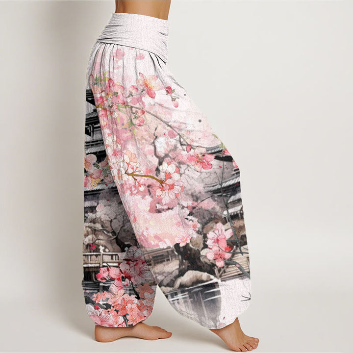 Pantalones bombachos de cintura elástica para mujer con estampado de flores de cerezo y diseño de pabellón de algodón con Buddha Stones - image 2