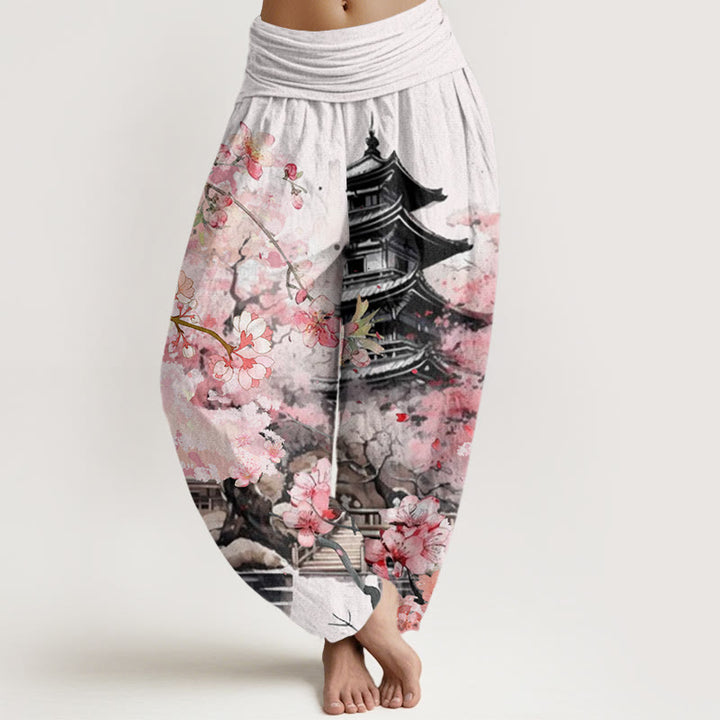 Pantalones bombachos de cintura elástica para mujer con estampado de flores de cerezo y diseño de pabellón de algodón con Buddha Stones - Blanco - US22，UK/AU26，EU54 (6XL) - image 0