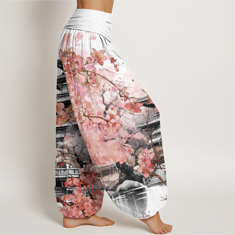 Pantalones bombachos de cintura elástica para mujer con estampado de flores de cerezo y diseño de pabellón de algodón con Buddha Stones - image 6