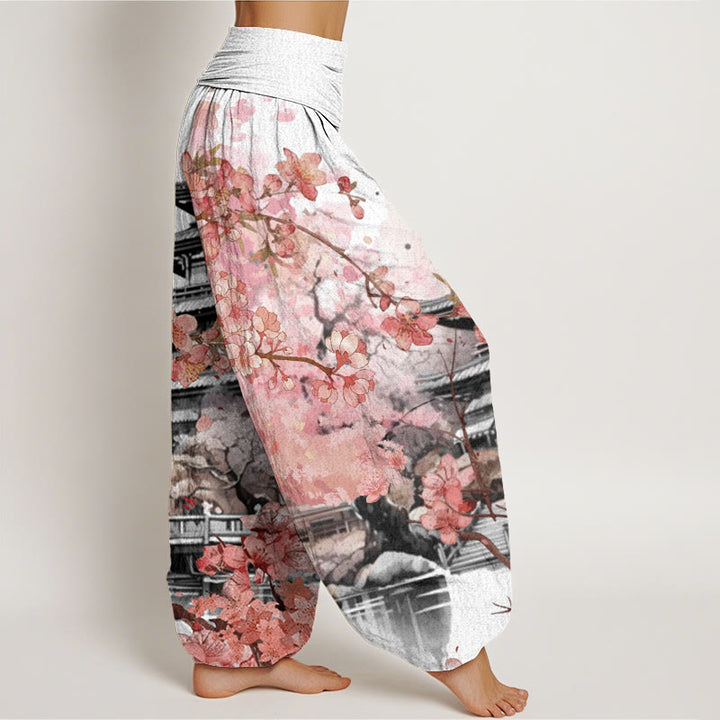 Pantalones bombachos de cintura elástica para mujer con estampado de flores de cerezo y diseño de pabellón de algodón con Buddha Stones - image 6