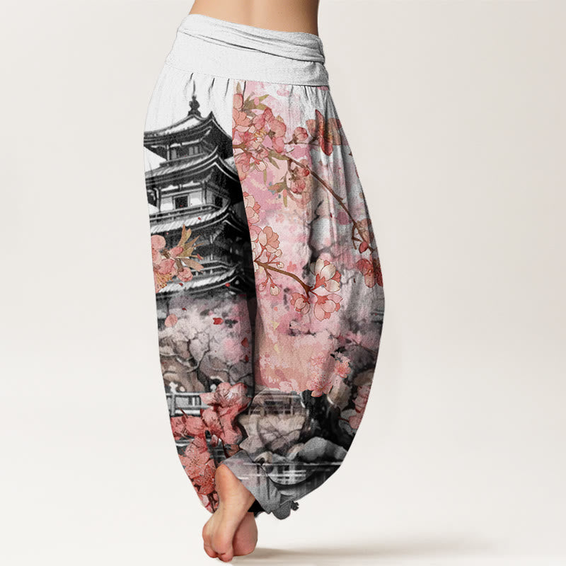 Pantalones bombachos de cintura elástica para mujer con estampado de flores de cerezo y diseño de pabellón de algodón con Buddha Stones - image 5