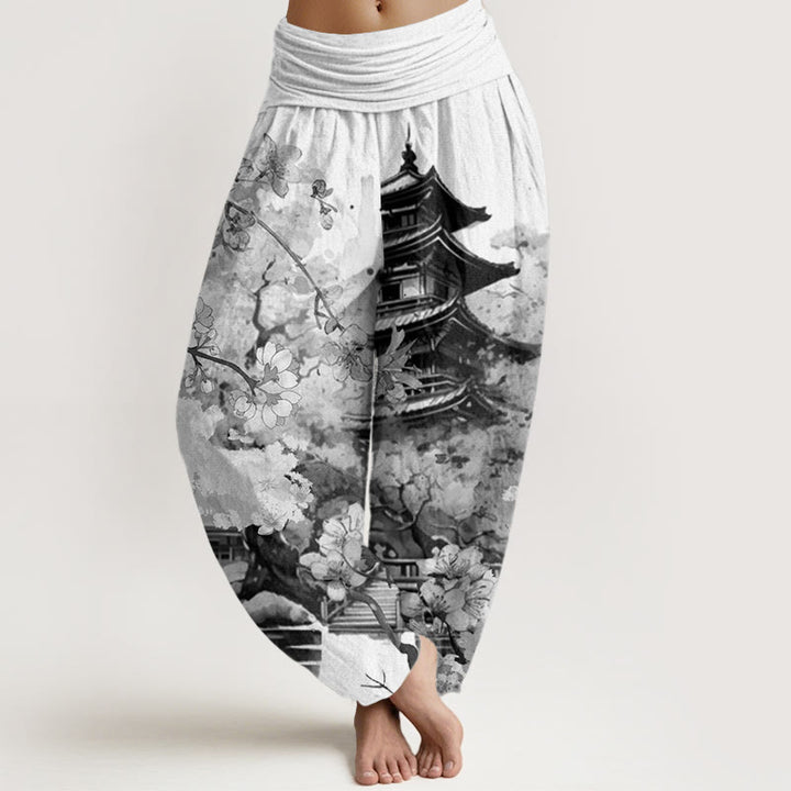 Pantalones bombachos de cintura elástica para mujer con estampado de flores de cerezo y diseño de pabellón de algodón con Buddha Stones - Humo blanco - US22，UK/AU26，EU54 (6XL) - image 7