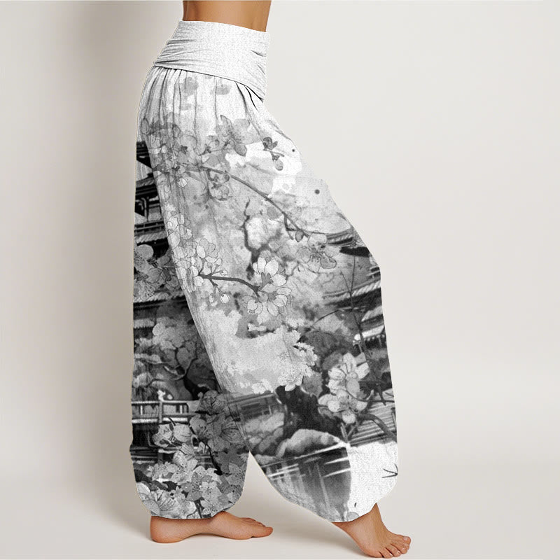 Pantalones bombachos de cintura elástica para mujer con estampado de flores de cerezo y diseño de pabellón de algodón con Buddha Stones - image 9