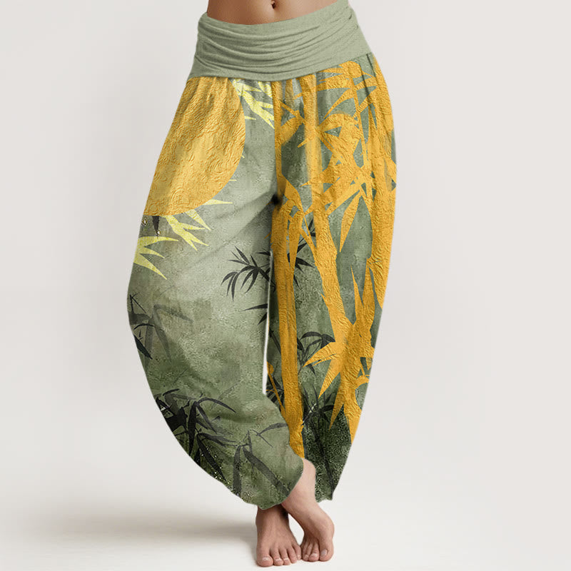 Pantalones bombachos de cintura elástica para mujer con estampado de hojas de bambú , Buddha Stones y luna llena de algodón. - Verde claro - US22，UK/AU26，EU54 (6XL) - image 0