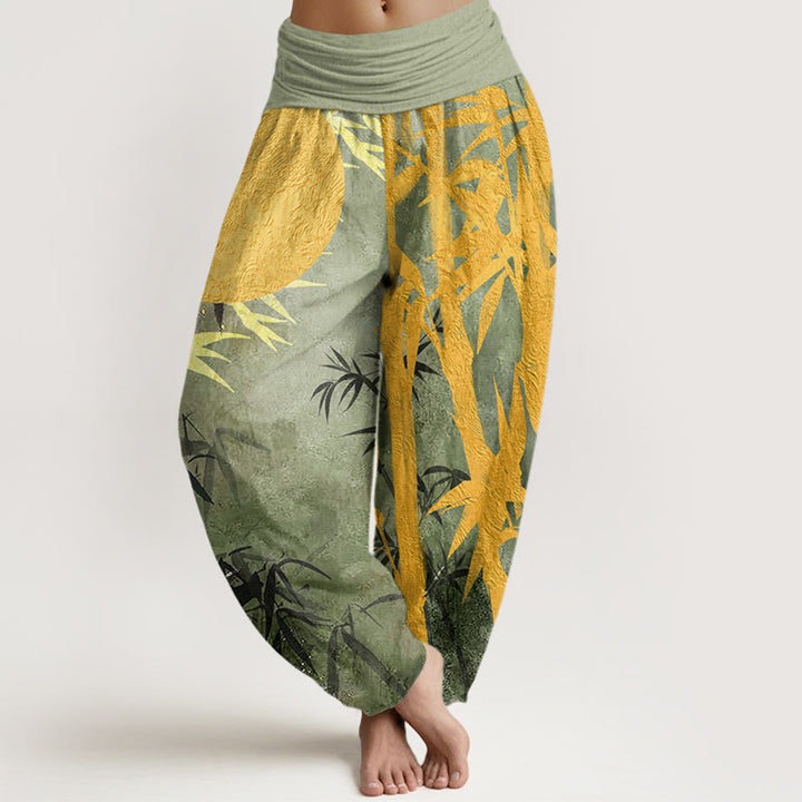 Pantalones bombachos de cintura elástica para mujer con estampado de hojas de bambú , Buddha Stones y luna llena de algodón. - Verde claro - US22，UK/AU26，EU54 (6XL) - image 0