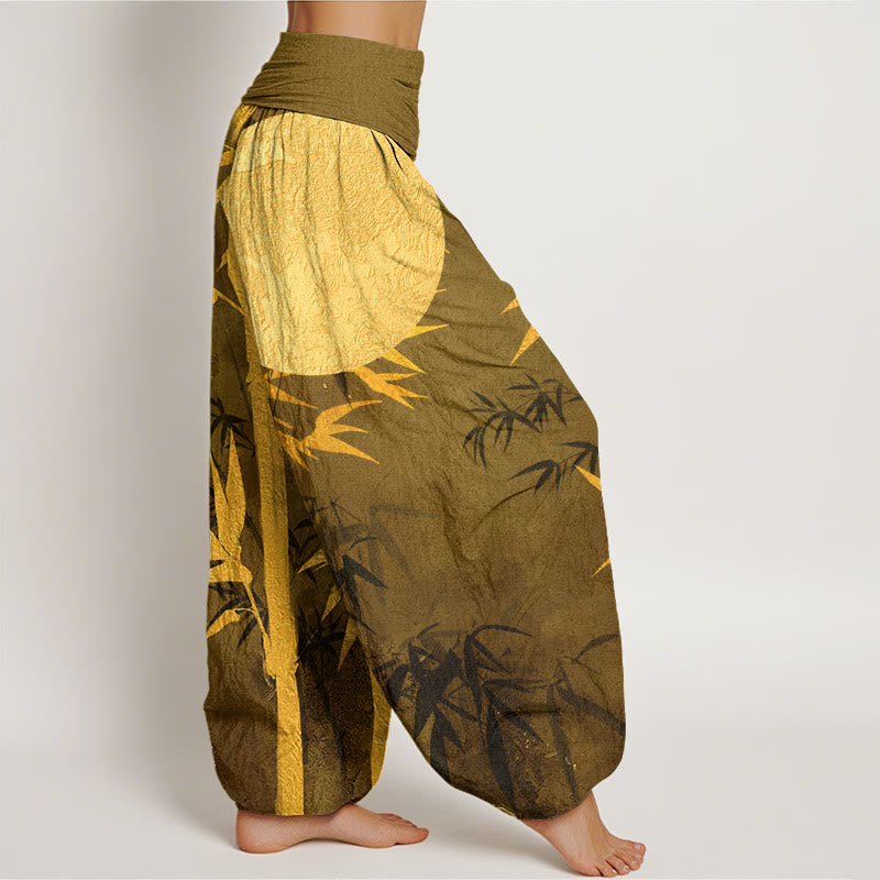 Pantalones bombachos de cintura elástica para mujer con estampado de hojas de bambú , Buddha Stones y luna llena de algodón. - image 6