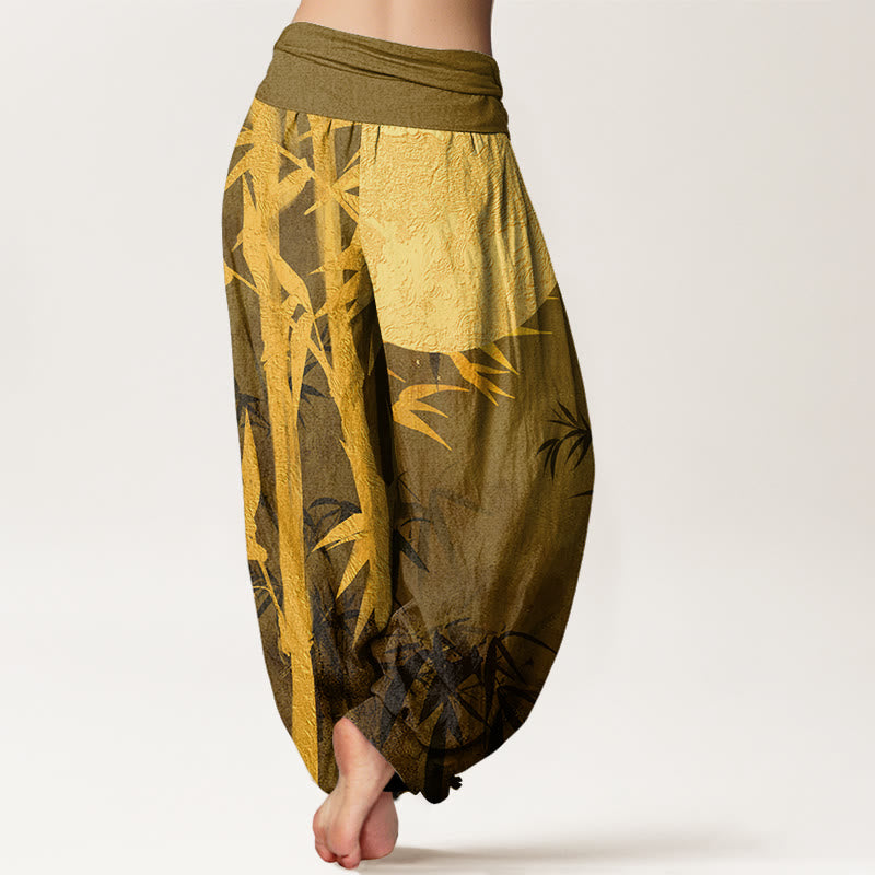 Pantalones bombachos de cintura elástica para mujer con estampado de hojas de bambú , Buddha Stones y luna llena de algodón. - image 5
