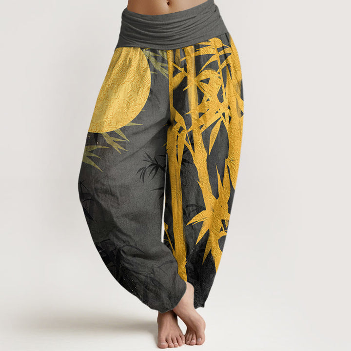 Pantalones bombachos de cintura elástica para mujer con estampado de hojas de bambú , Buddha Stones y luna llena de algodón. - Gris pizarra oscuro - US22，UK/AU26，EU54 (6XL) - image 7