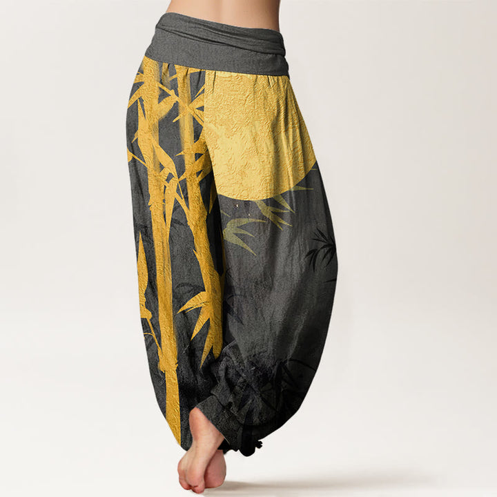 Pantalones bombachos de cintura elástica para mujer con estampado de hojas de bambú , Buddha Stones y luna llena de algodón. - image 8
