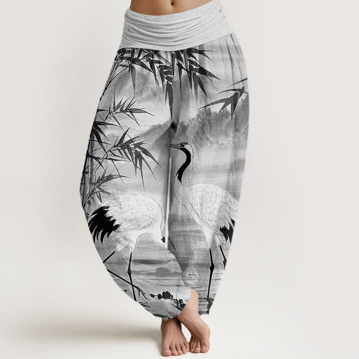 Pantalones harén de cintura elástica para mujer con estampado de grulla de corona roja y hojas de bambú en la montaña - Plata - US22，UK/AU26，EU54 (6XL) - image 5