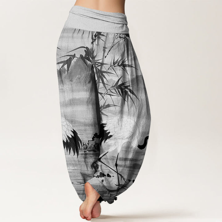 Pantalones harén de cintura elástica para mujer con estampado de grulla de corona roja y hojas de bambú en la montaña - image 6