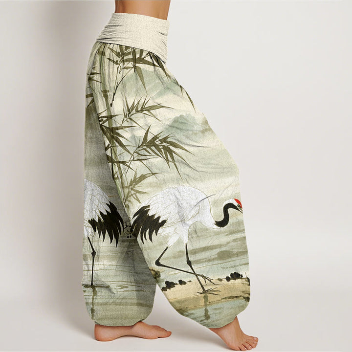 Pantalones harén de cintura elástica para mujer con estampado de grulla de corona roja y hojas de bambú en la montaña - image 10