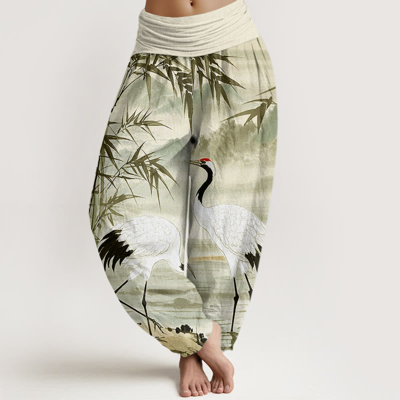 Pantalones harén de cintura elástica para mujer con estampado de grulla de corona roja y hojas de bambú en la montaña - Verde pálido - US22，UK/AU26，EU54 (6XL) - image 8