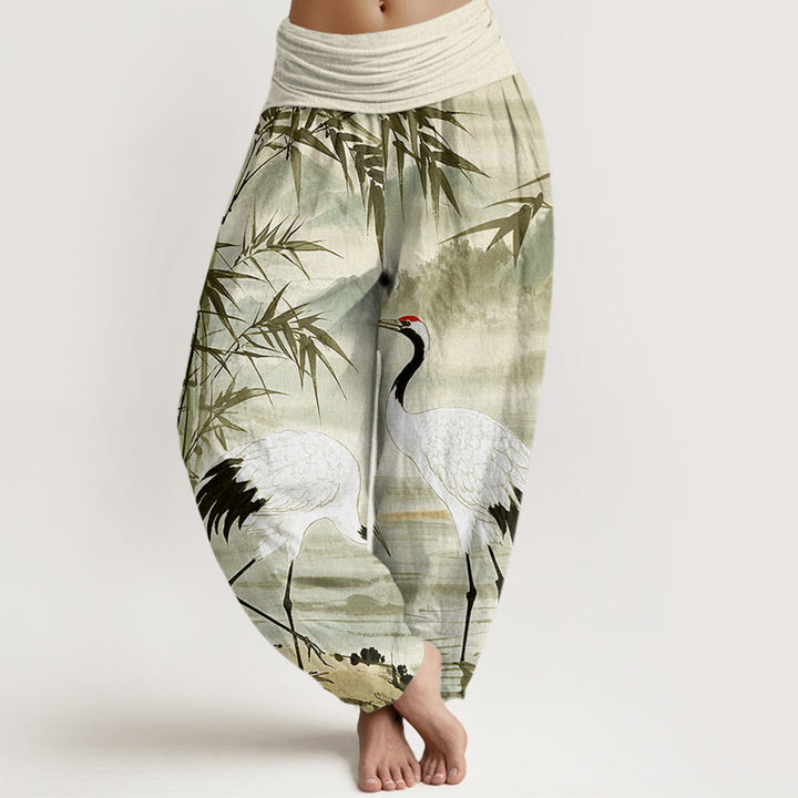 Pantalones harén de cintura elástica para mujer con estampado de grulla de corona roja y hojas de bambú en la montaña - Verde pálido - US22，UK/AU26，EU54 (6XL) - image 8