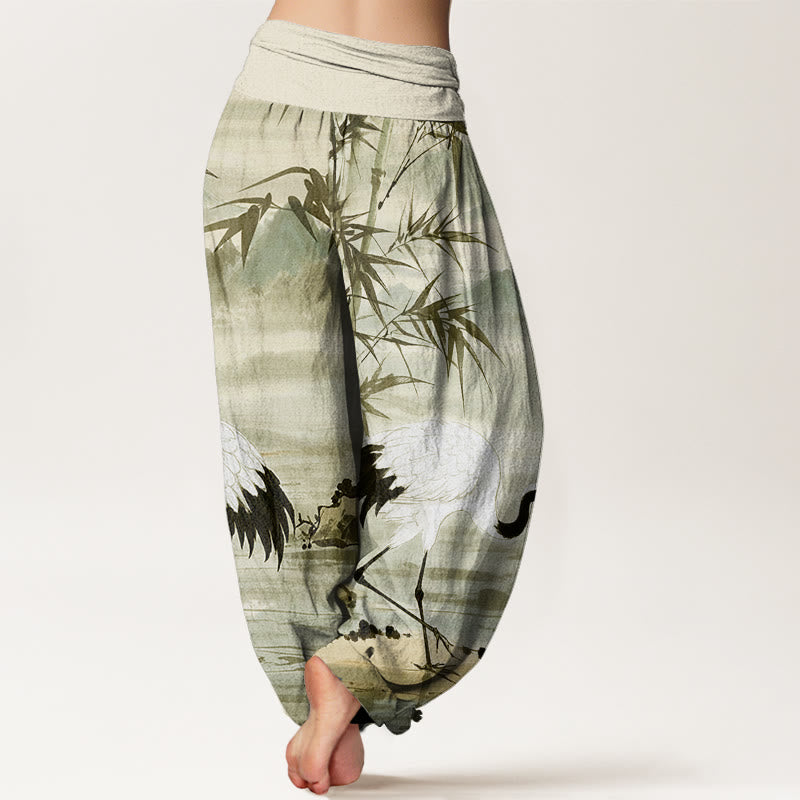 Pantalones harén de cintura elástica para mujer con estampado de grulla de corona roja y hojas de bambú en la montaña - image 9